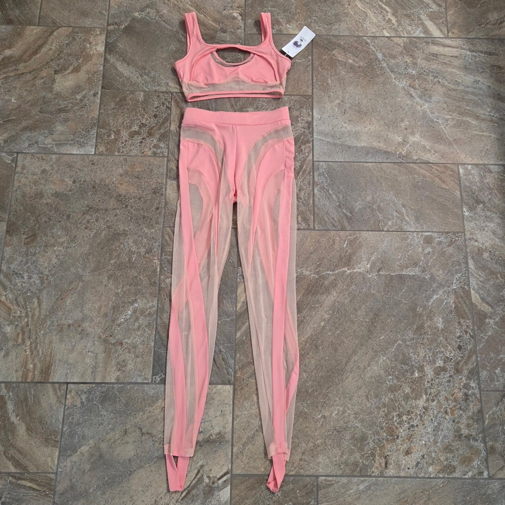 NWT Do My Self Pink Mesh Paneled Activewear Set Sports Bra Leggings Stirrups S